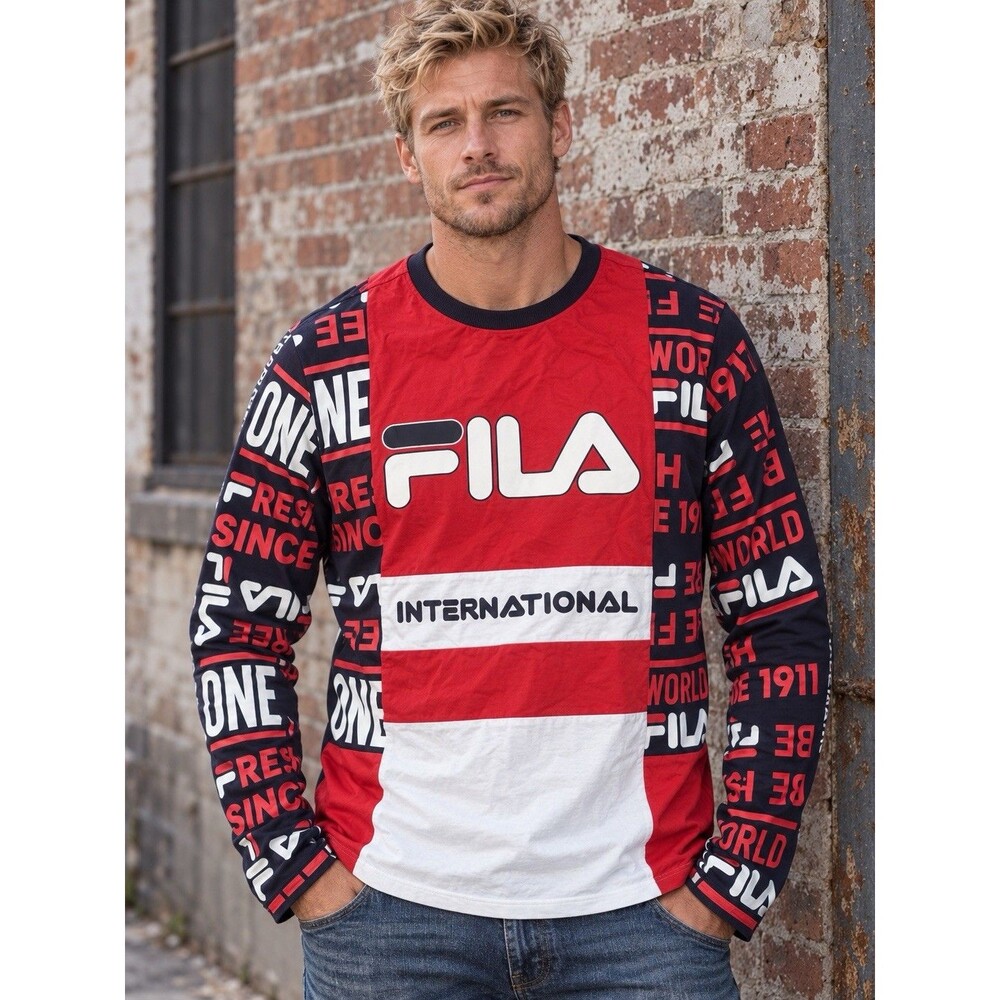 FILA International Men’s Large Long Sleeve Graphic Tee Red White Navy Logo